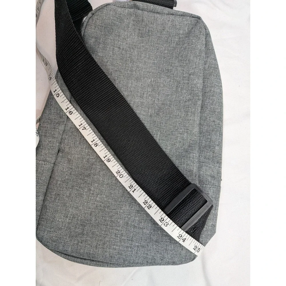 Gray Sling Bag; Adjustable Strap, Zip Pockets, Heathered Tech